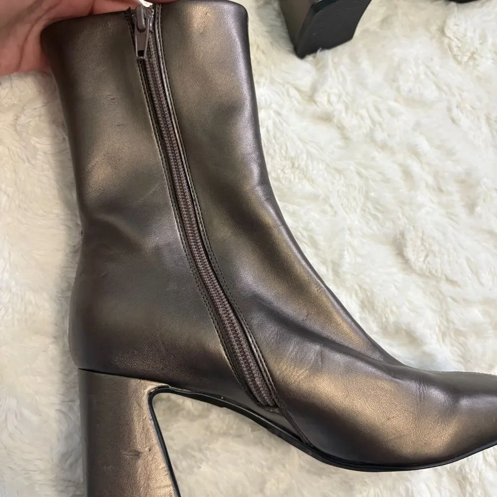Jeffrey Campbell Bronze Metallic Square Toe Block Heel Ankle Boots Size 5.5